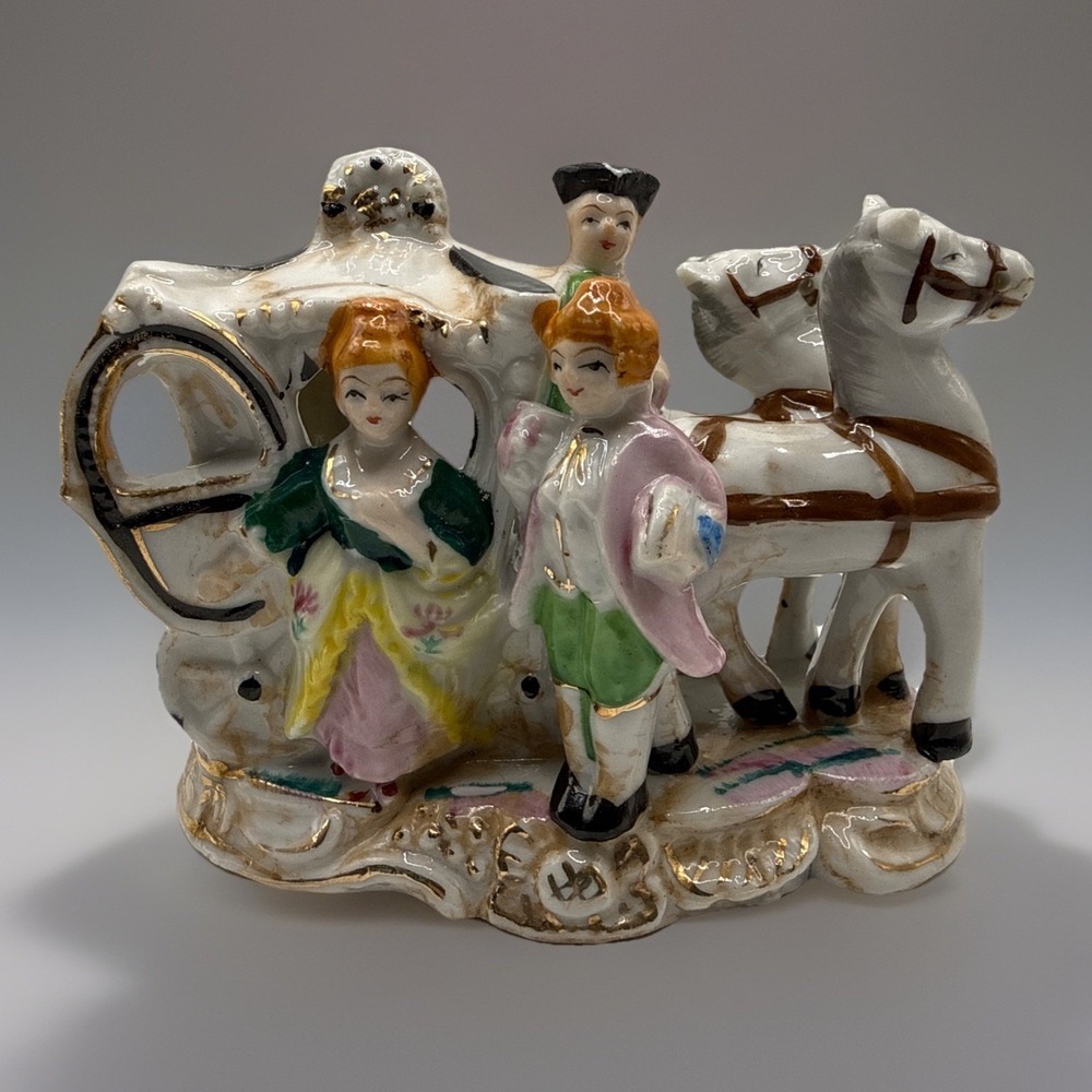 Porcelain Figurine Coach Horses, Lady, Gentleman, & Coachman Made‎ In Japan
